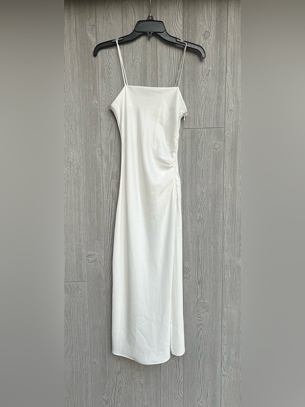 NWT GLAM White Rhinestone Strap Ruched Side Midi Dress Size Small
